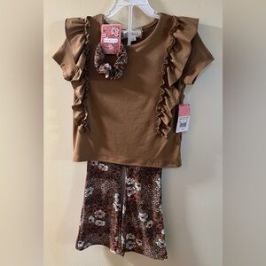 btween Brown Ruffle Top and Floral Leggings Set 3 Piece